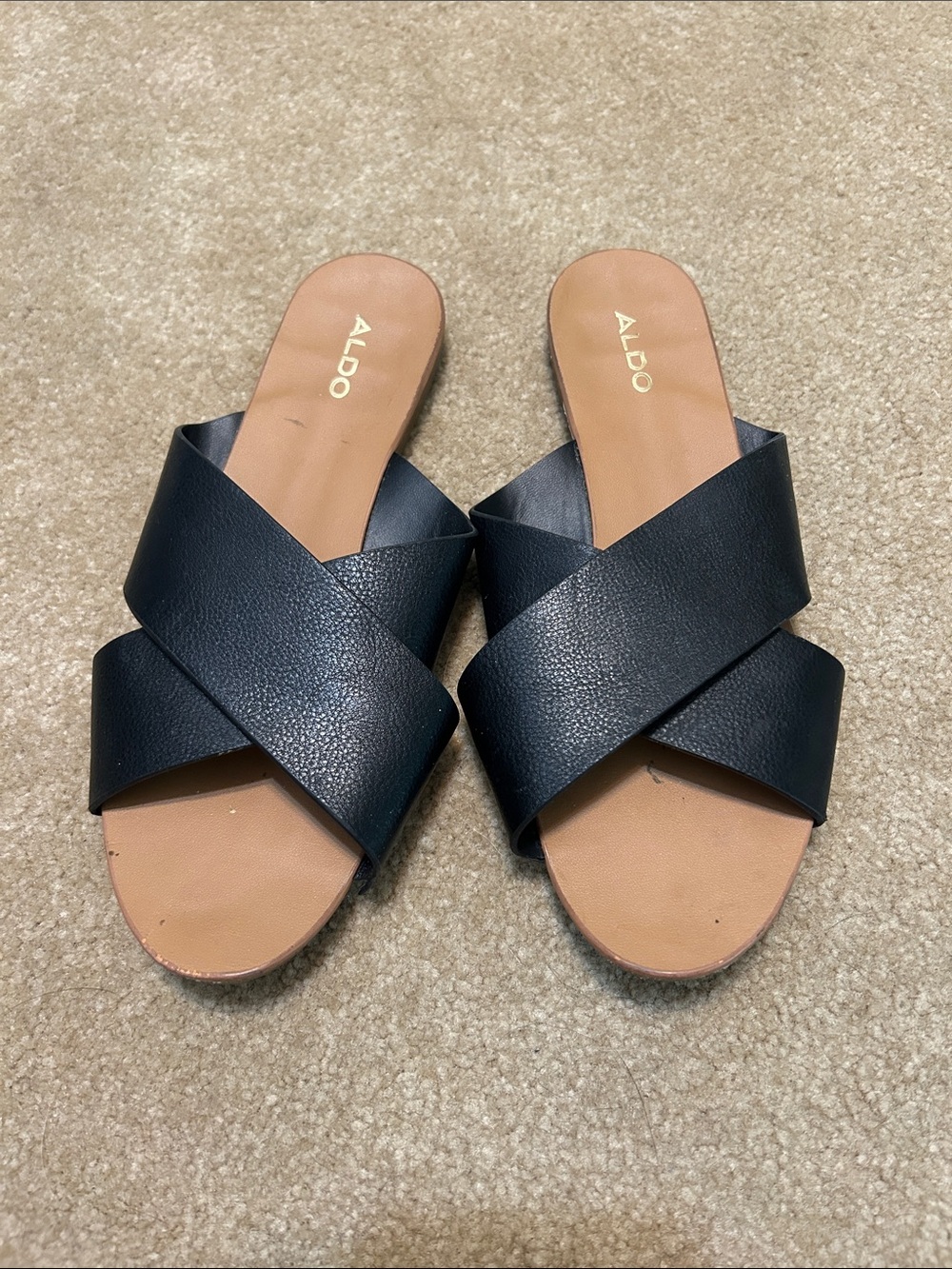 ALDO Black Crisscross Slide Sandals with Tan Footbed